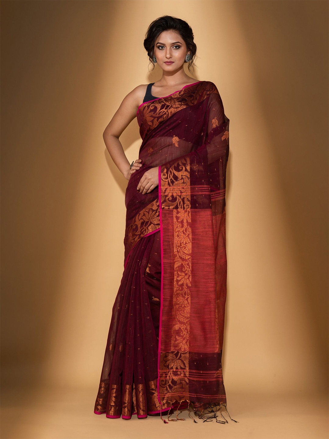 

BEATITUDE Maroon & Copper-Toned Woven Design Zari Pure Cotton Saree