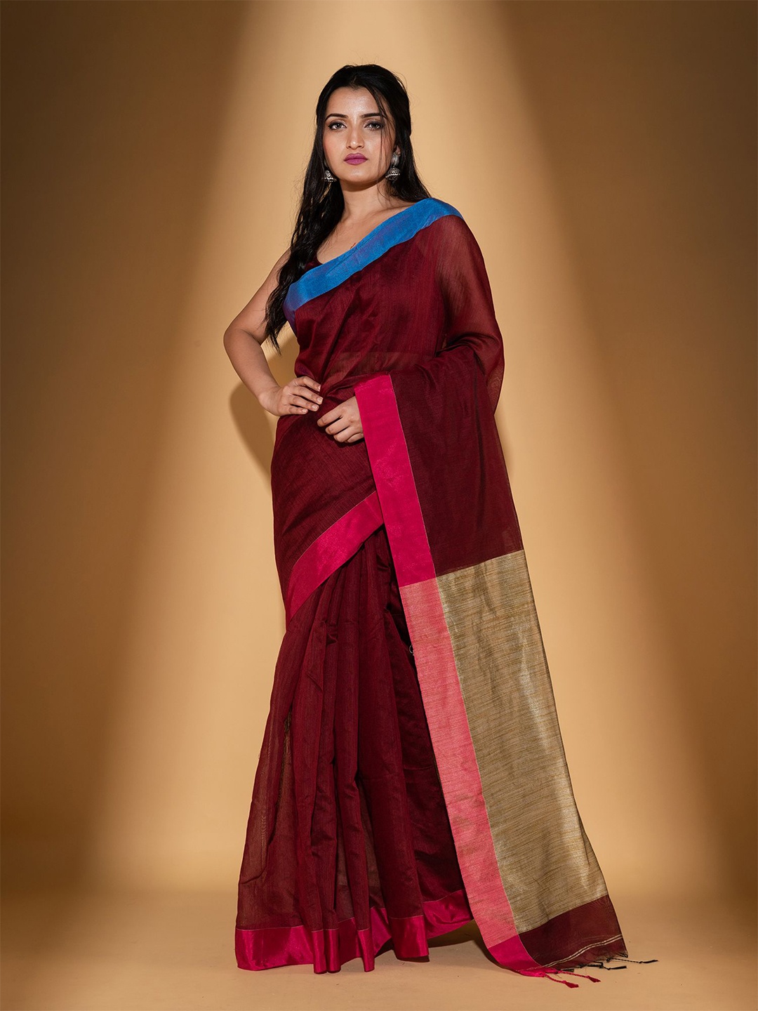 

BEATITUDE Maroon & Blue Zari Saree