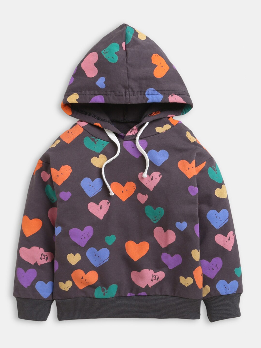 

Hopscotch Girls Brown Printed Hooded Pure Cotton Sweatshirt