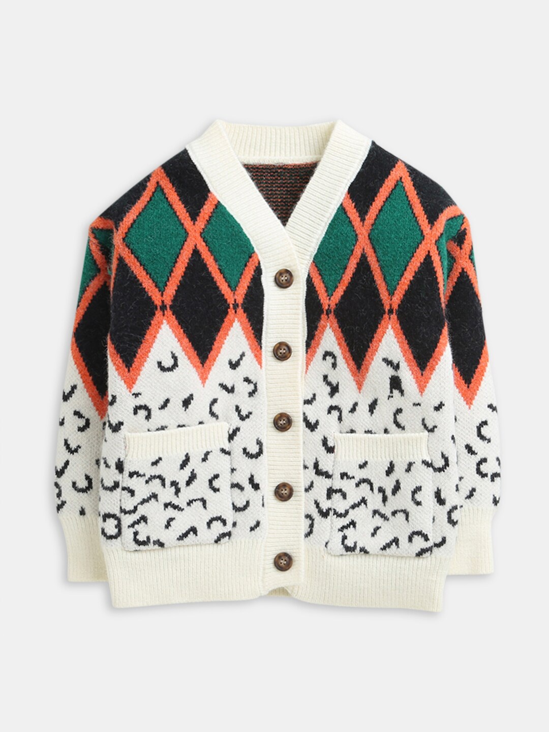 

Hopscotch Girls White & Green Geometric Printed Pure Cotton Cardigan