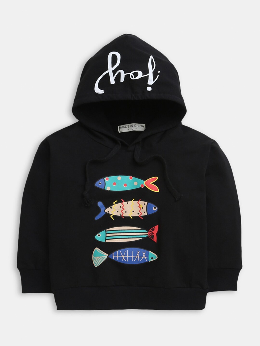 

Hopscotch Boys Black Printed Hooded Sweatshirt