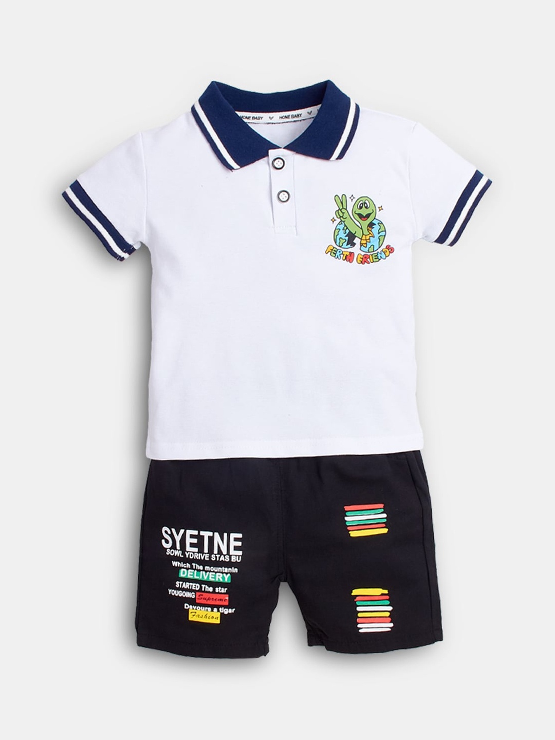 

Hopscotch Boys White & Black Printed T-shirt with Shorts