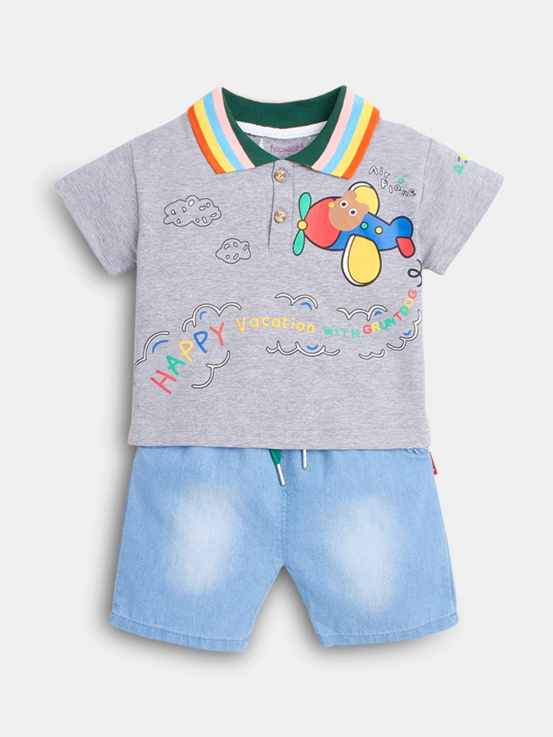 

Hopscotch Boys Cotton Grey & Blue Printed T-shirt with Shorts set