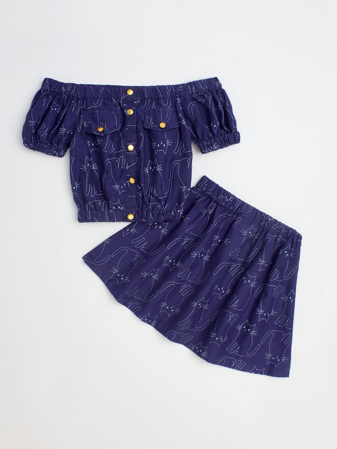 

Hopscotch Girls Navy Blue Printed Off Shoulder Pure Cotton Top with Skirt