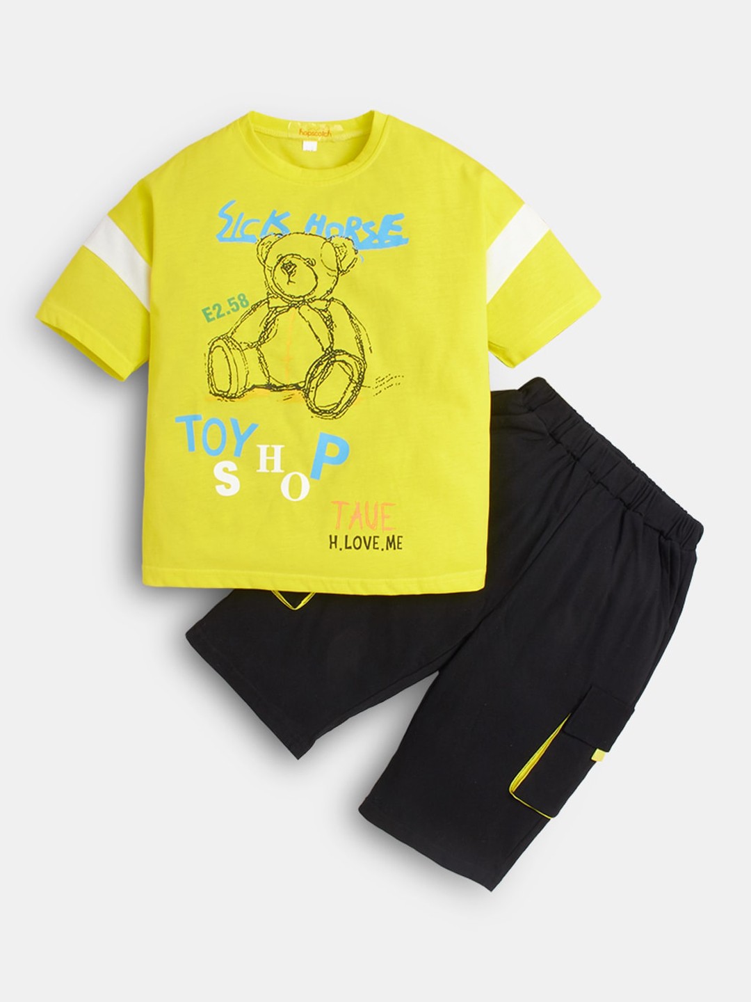

Hopscotch Boys Yellow & White Printed T-shirt with Shorts