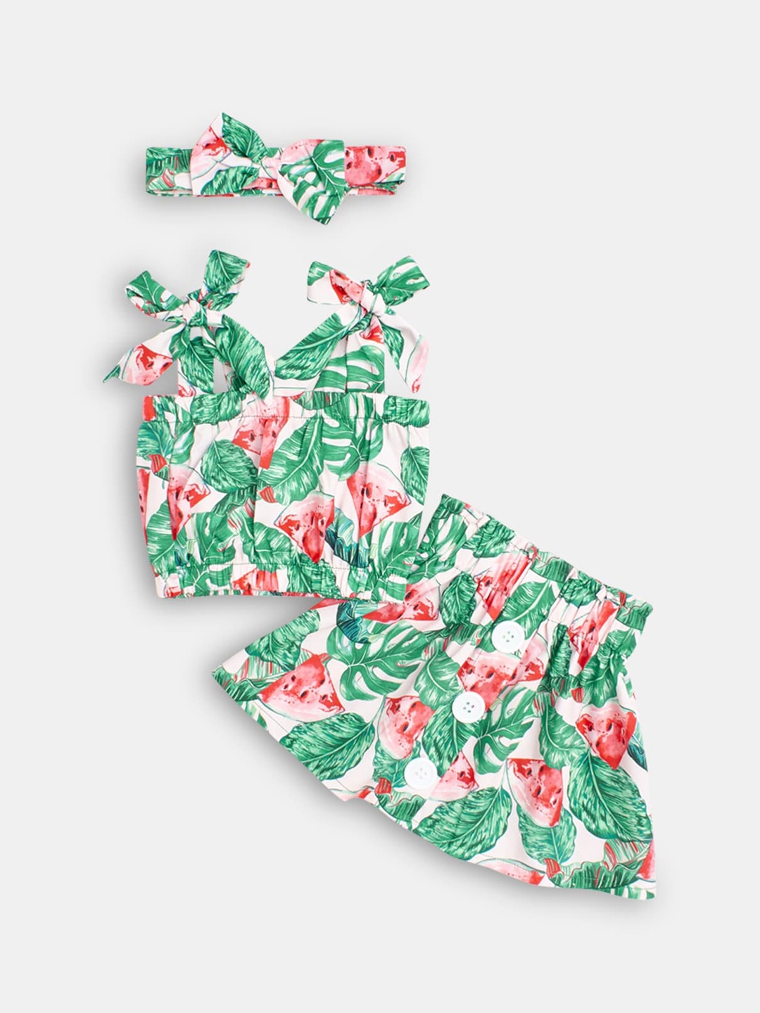

Hopscotch Girls Green & White Printed Top with Skirt
