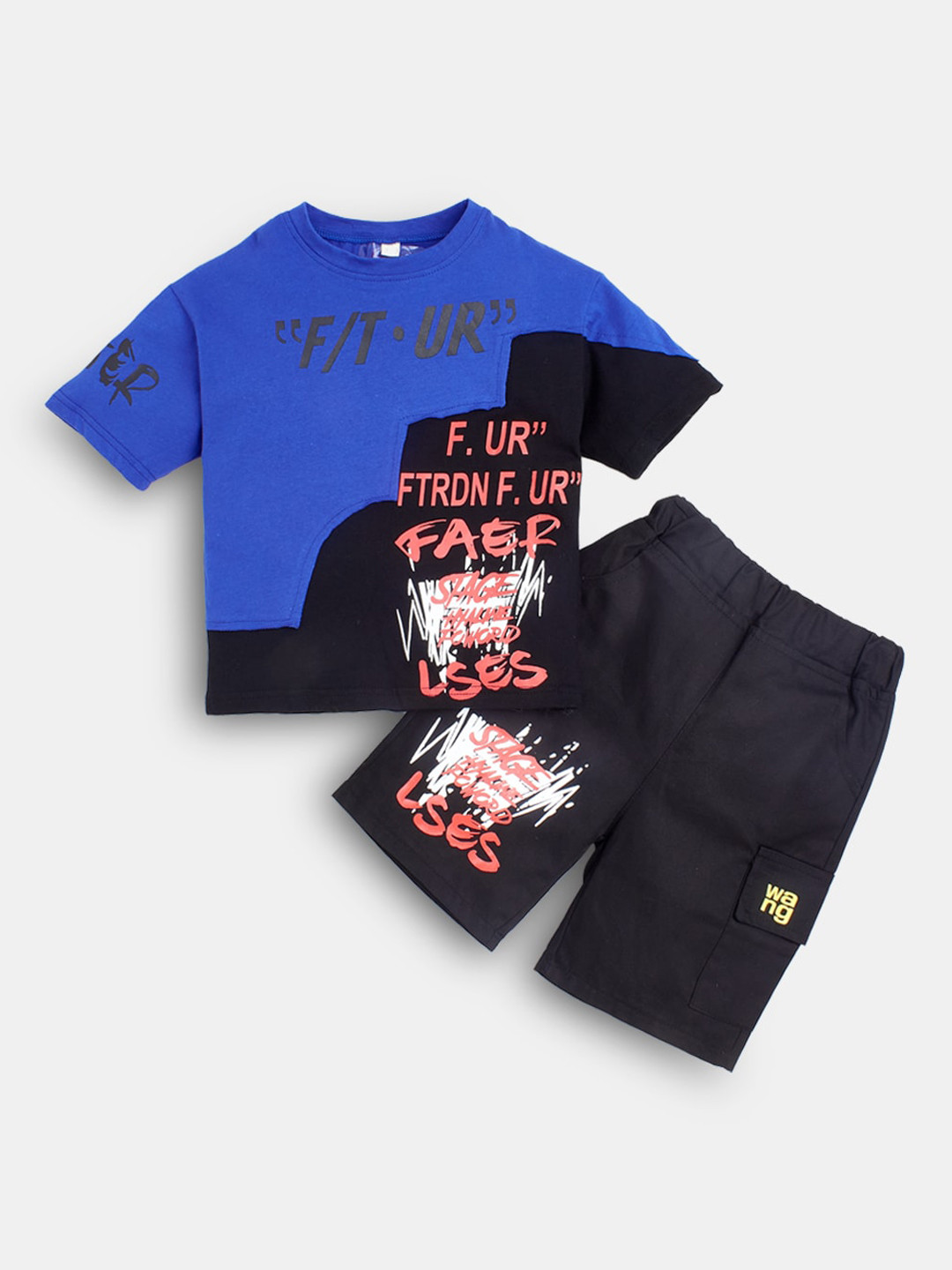 

Hopscotch Boys Blue & Black Printed T-shirt with Shorts