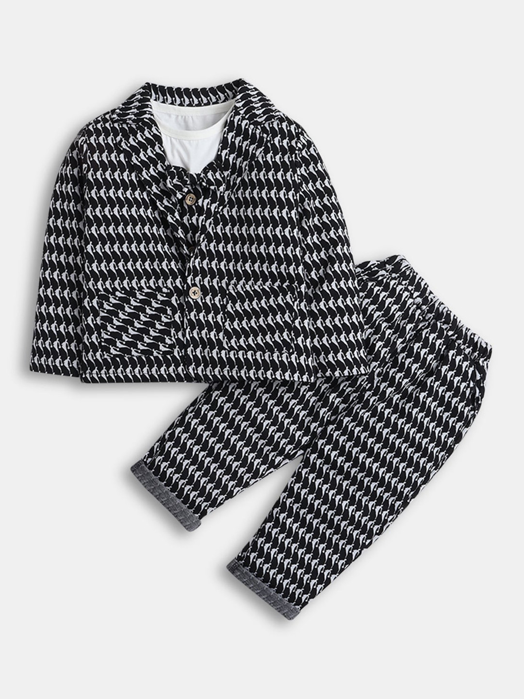 

Hopscotch Boys Black & White Printed T-shirt with Trouser & Blazer Set