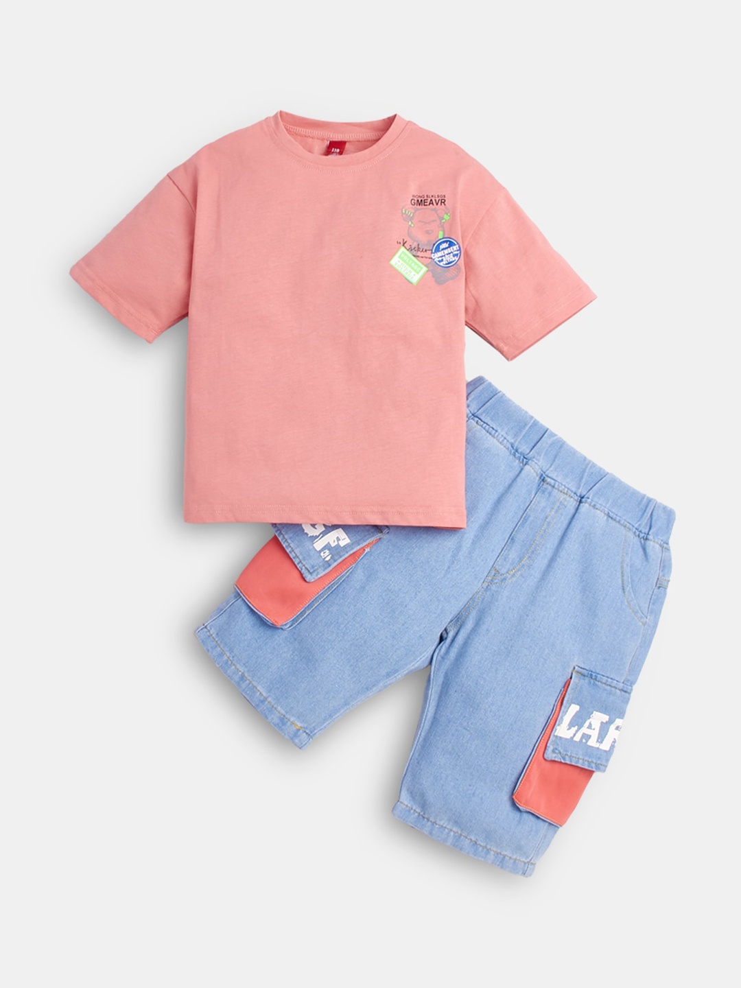 

Hopscotch Boys Peach-Coloured & Blue Printed T-shirt with Shorts Set