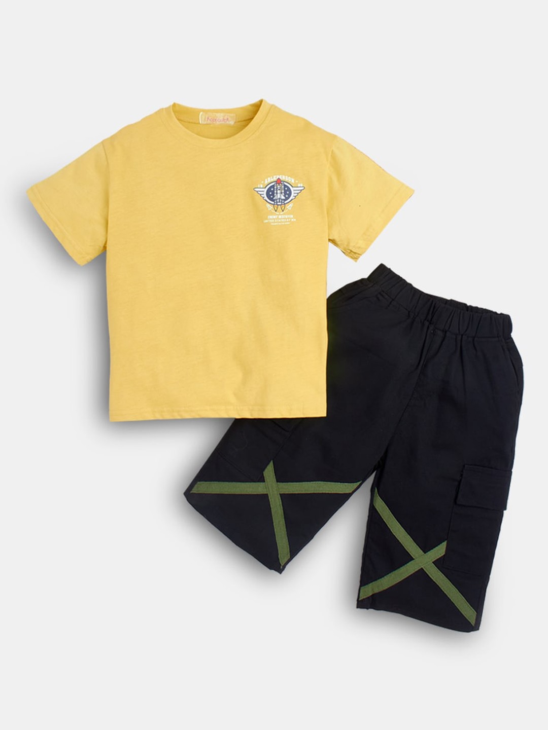 

Hopscotch Boys Yellow & Black Printed T-shirt with Shorts