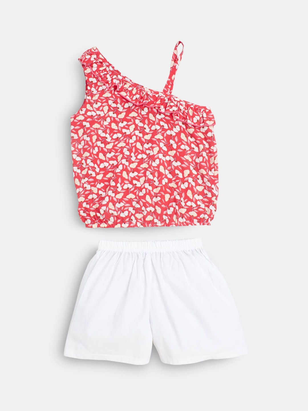 

Hopscotch Girls Red & White Floral Printed Pure Cotton Top with Shorts Set