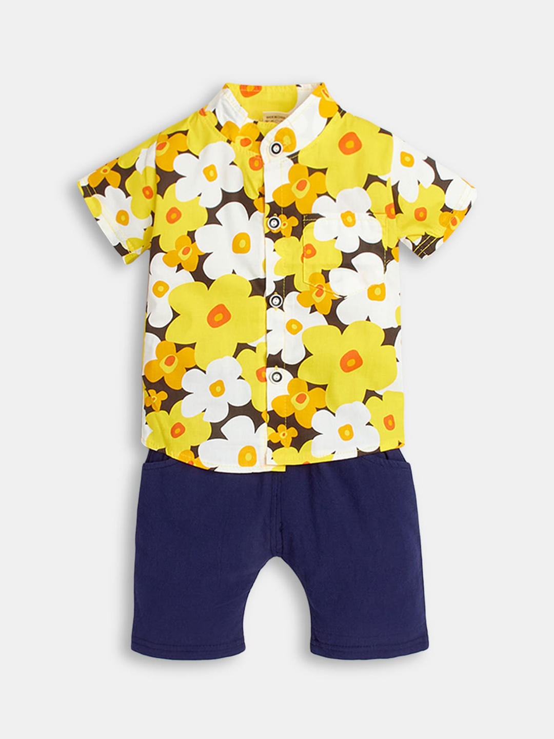 

Hopscotch Boys Yellow & Navy Blue Printed Shirt with Shorts