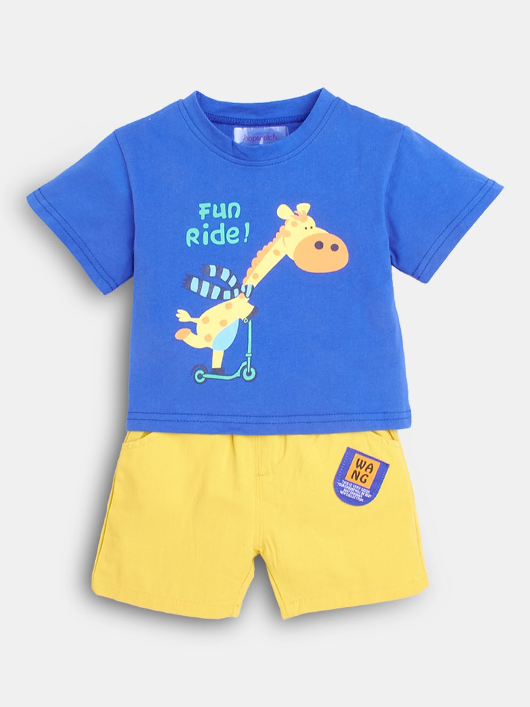 

Hopscotch Boys Blue & Yellow Printed T-shirt with Shorts