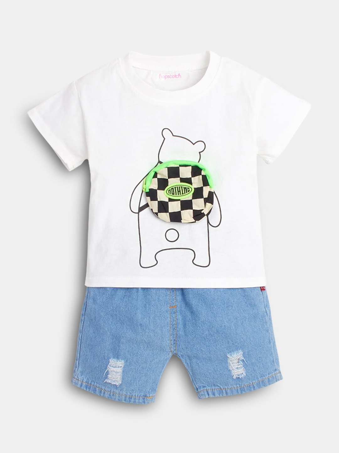 

Hopscotch Boys White & Blue Printed T-shirt with Shorts Set
