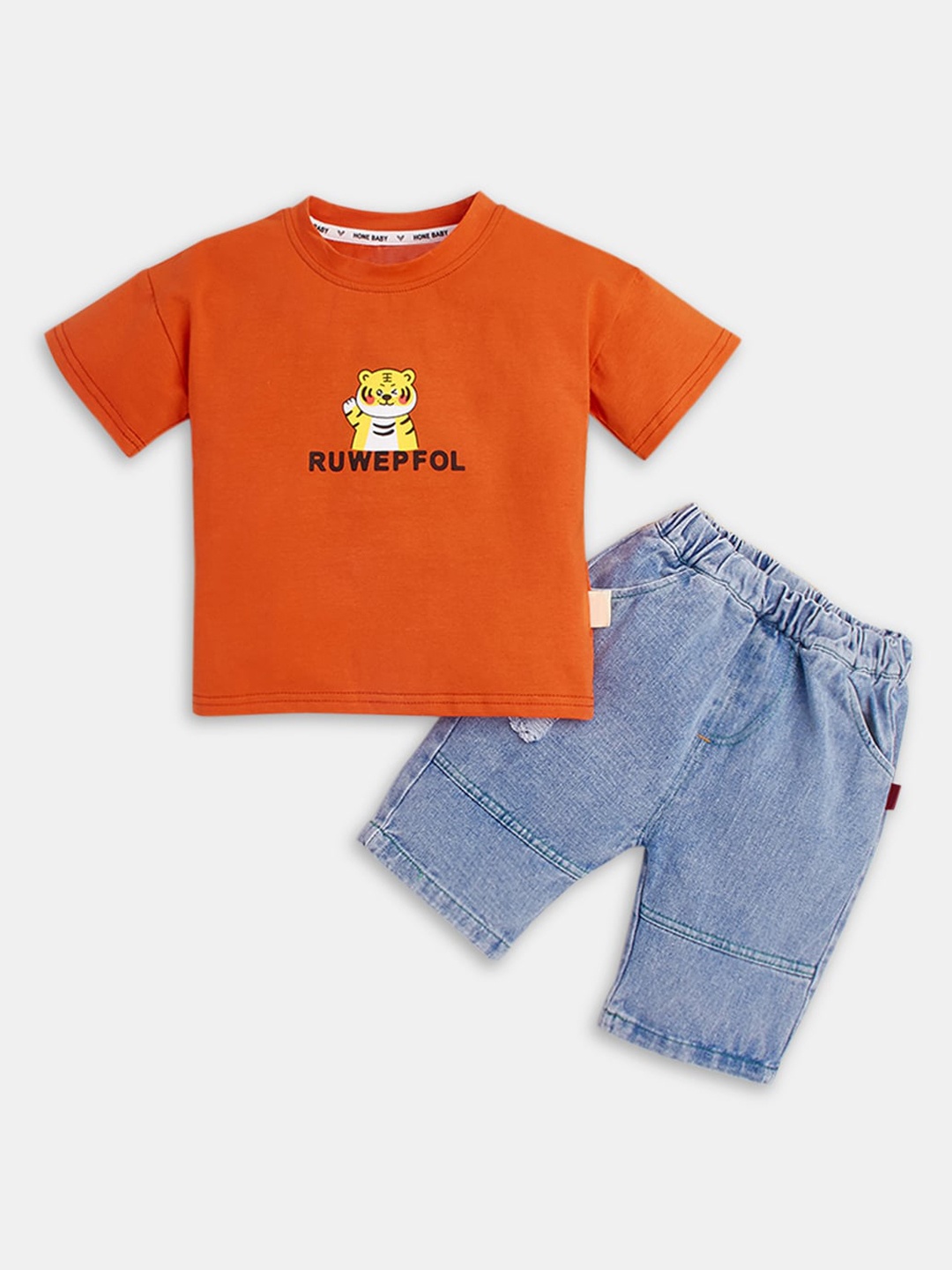 

Hopscotch Boys Orange & Blue Printed T-shirt with Shorts
