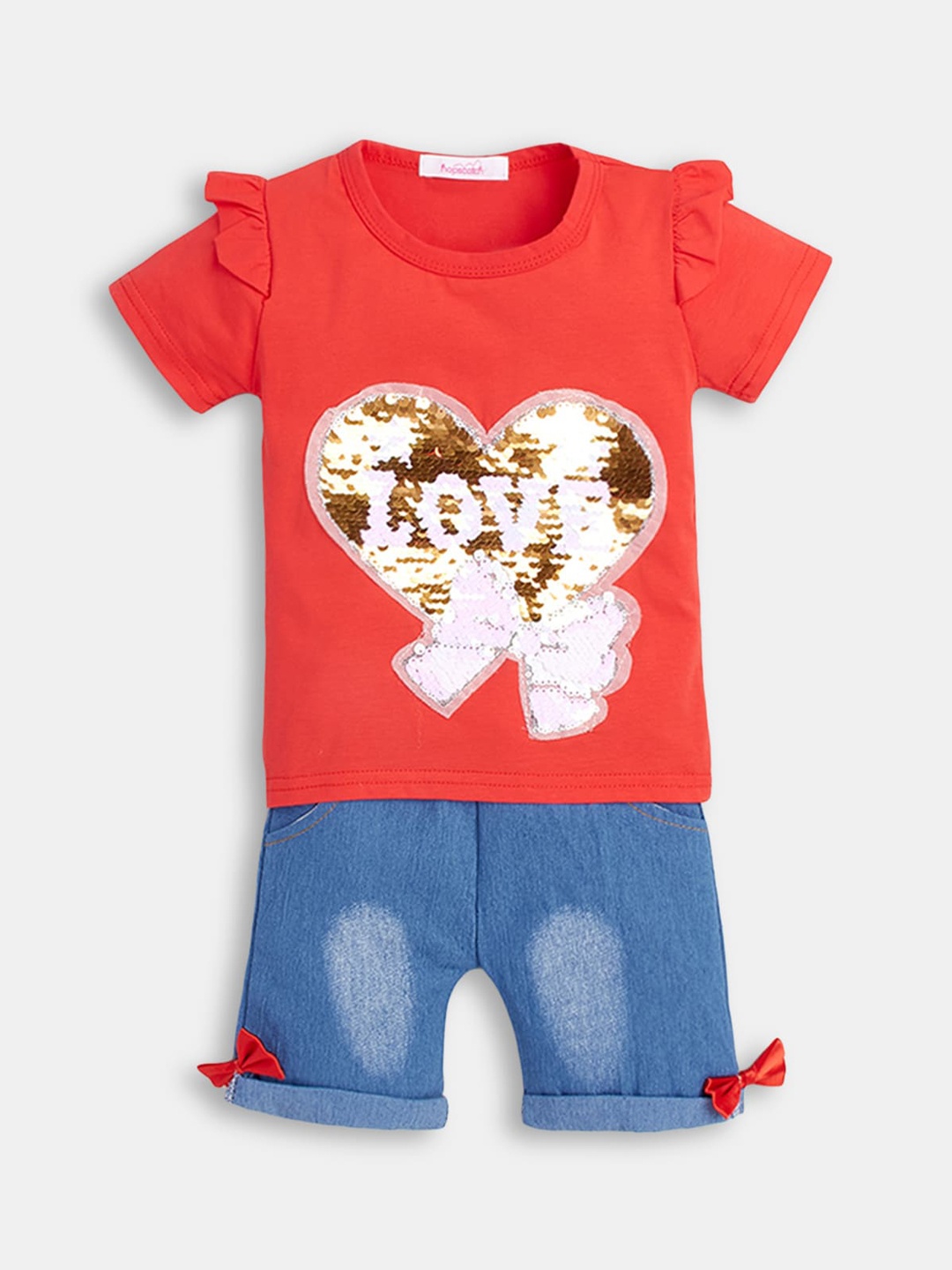 

Hopscotch Girls Red & Blue Embellished T-shirt with Shorts