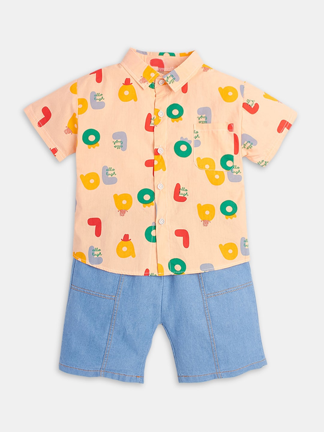 

Hopscotch Boys Peach-Coloured & Blue Printed Shirt with Shorts