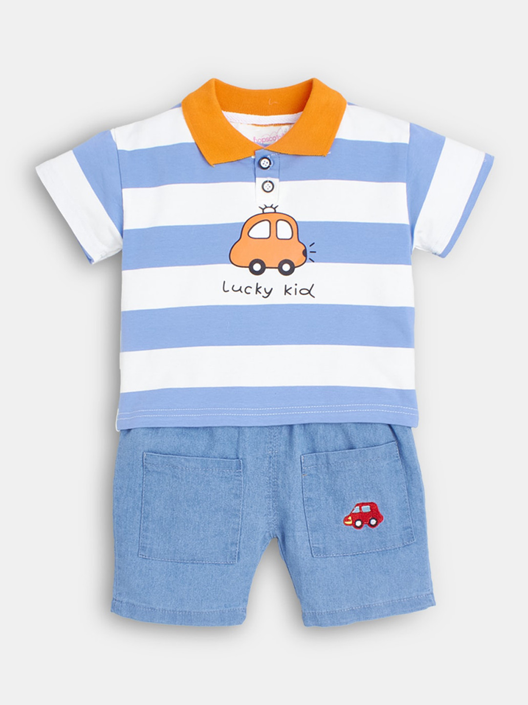 

Hopscotch Boys White & Blue Striped T-shirt with Shorts Set