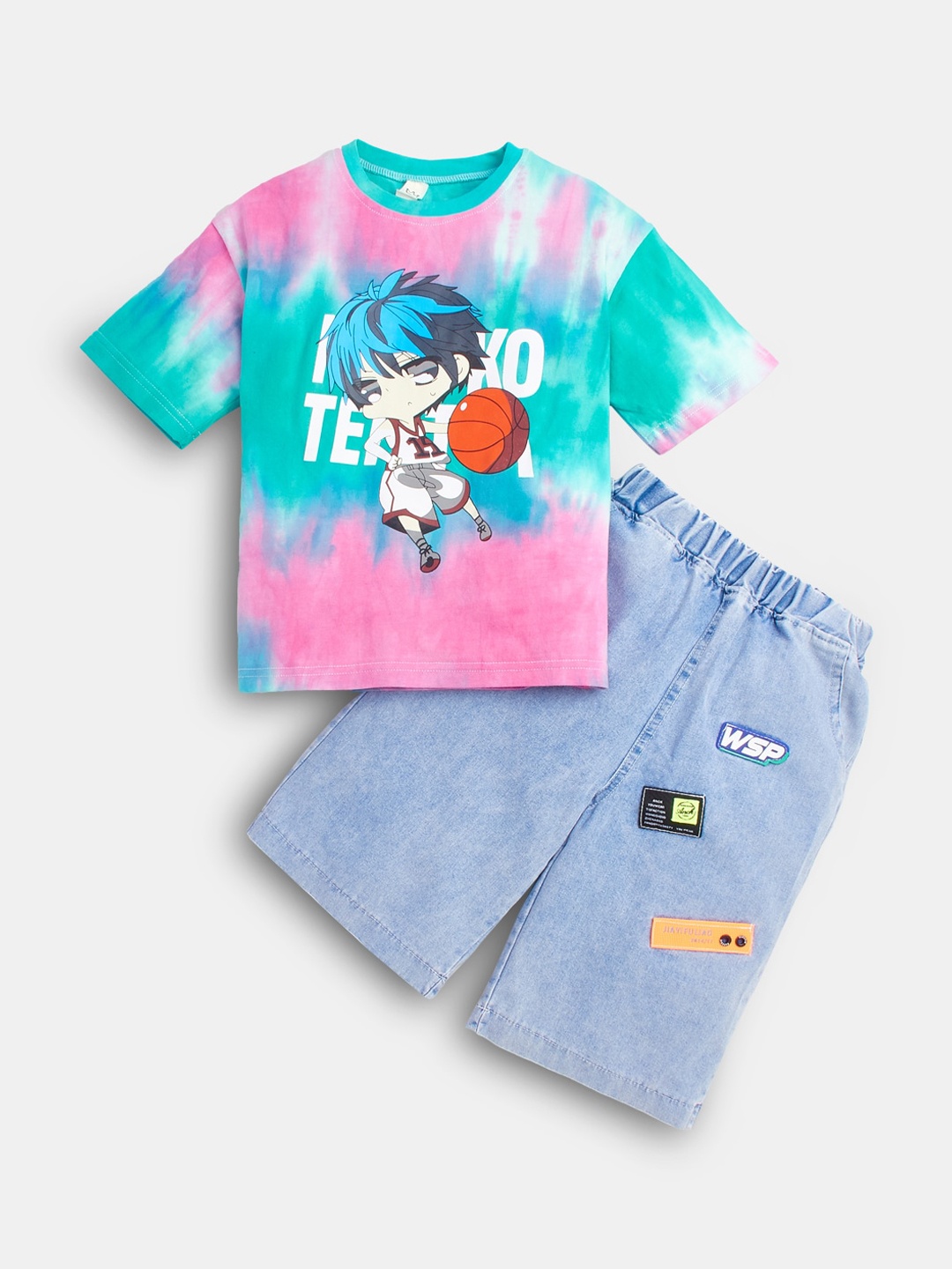 

Hopscotch Boys Green & Pink Printed T-shirt with Shorts