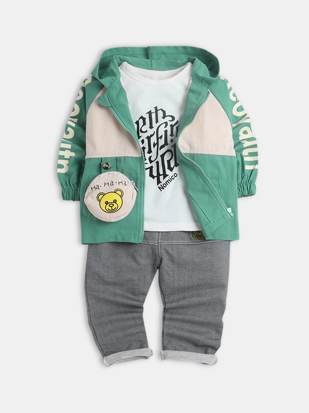

Hopscotch Boys Green & White Printed T-shirt with Trousers & Jacket