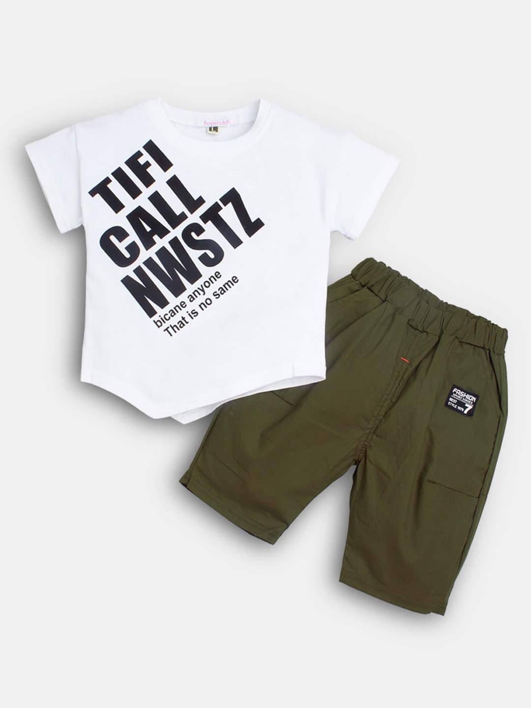 

Hopscotch Boys White & Olive Green Cotton Printed T-shirt with Shorts set
