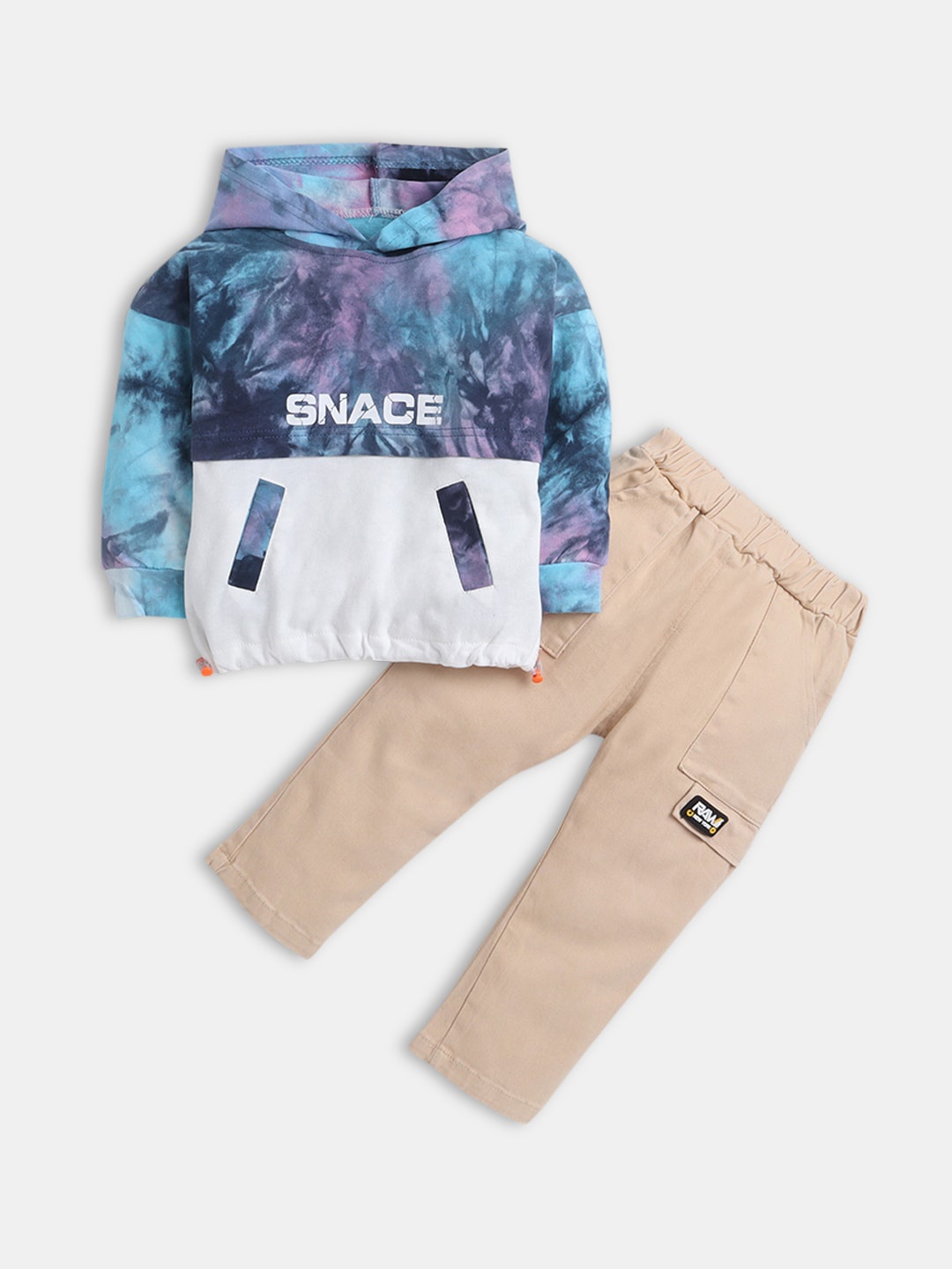 

Hopscotch Boys Blue & Beige Printed T-shirt with Trouser Set