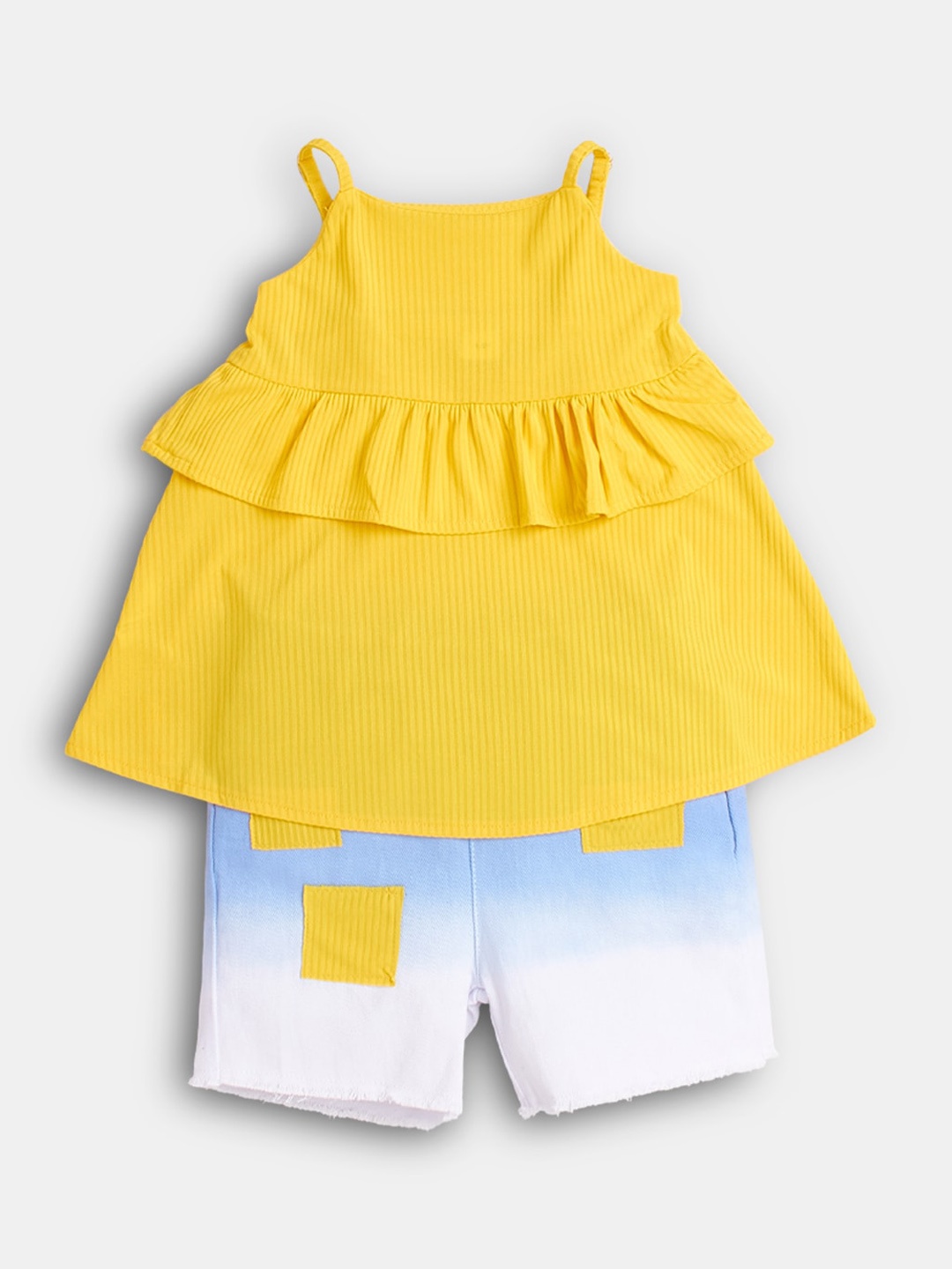 

Hopscotch Girls Yellow & Blue Solid Top with Shorts Set