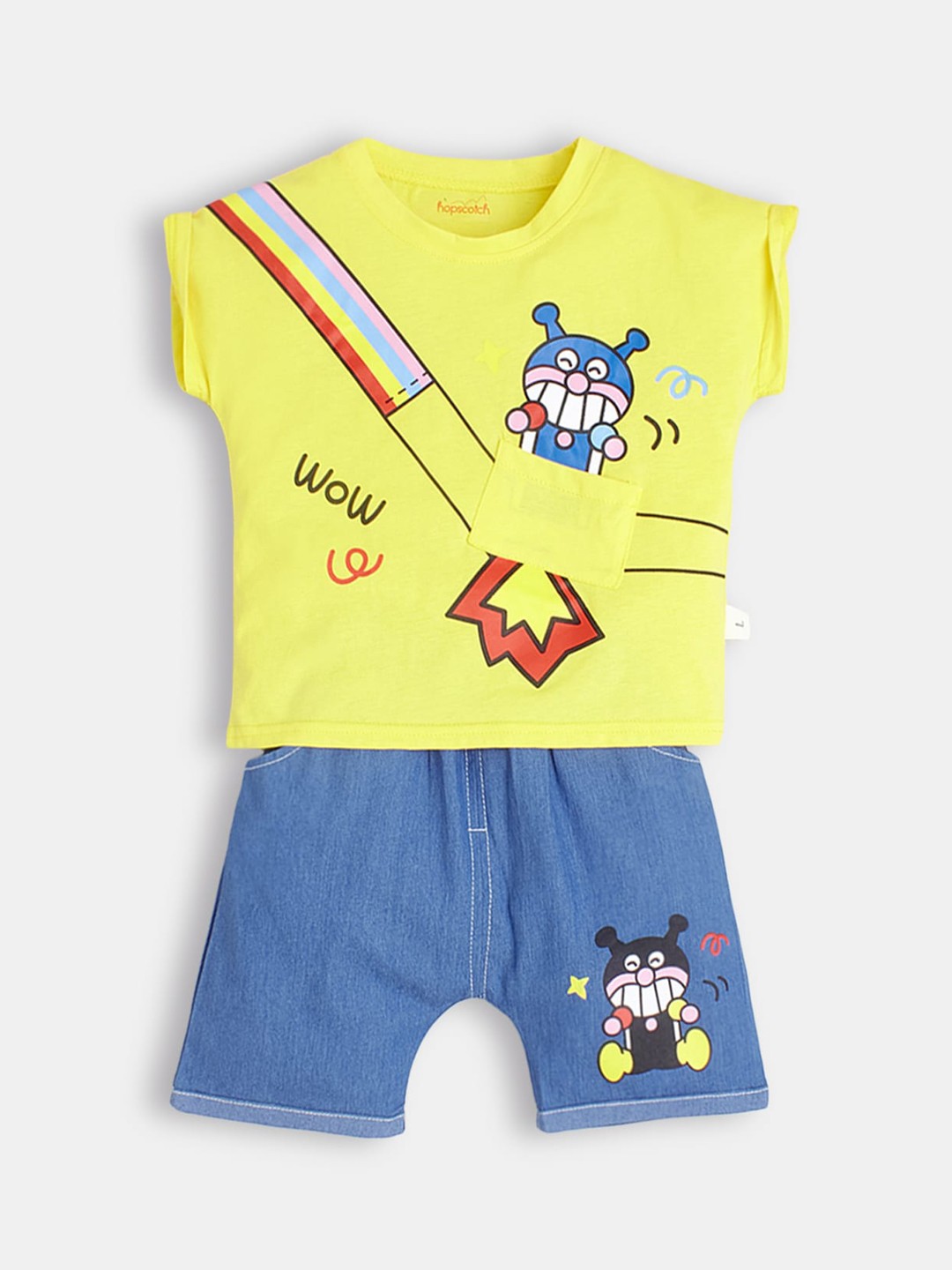 

Hopscotch Boys Yellow & Blue Printed Pure Cotton T-shirt with Shorts Set