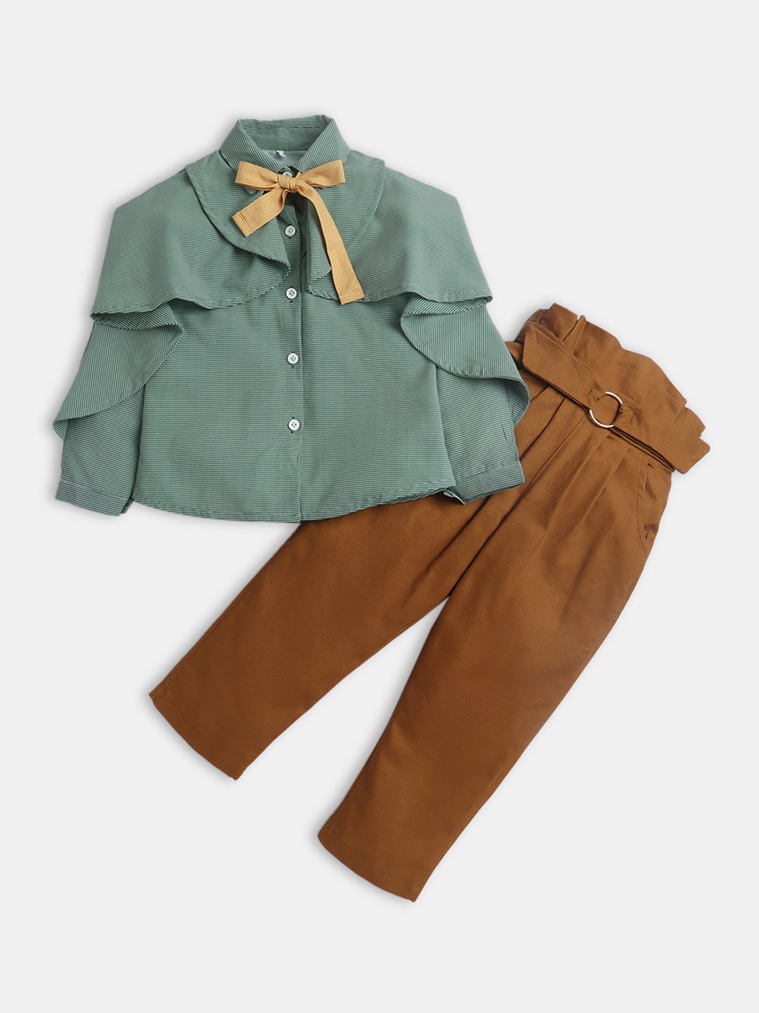 

Hopscotch Girls Green & Brown Solid Shirt with Trouser Set