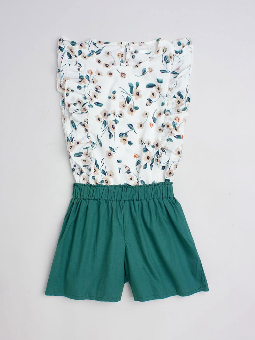 

Hopscotch Girls Green & White Floral Printed Top with Shorts Set