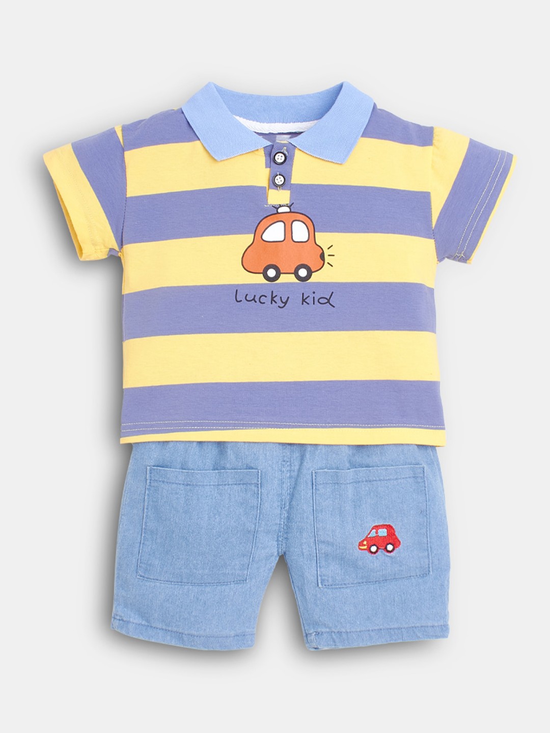 

Hopscotch Boys Yellow Cotton Vehicles Printed T-shirt with Shorts set