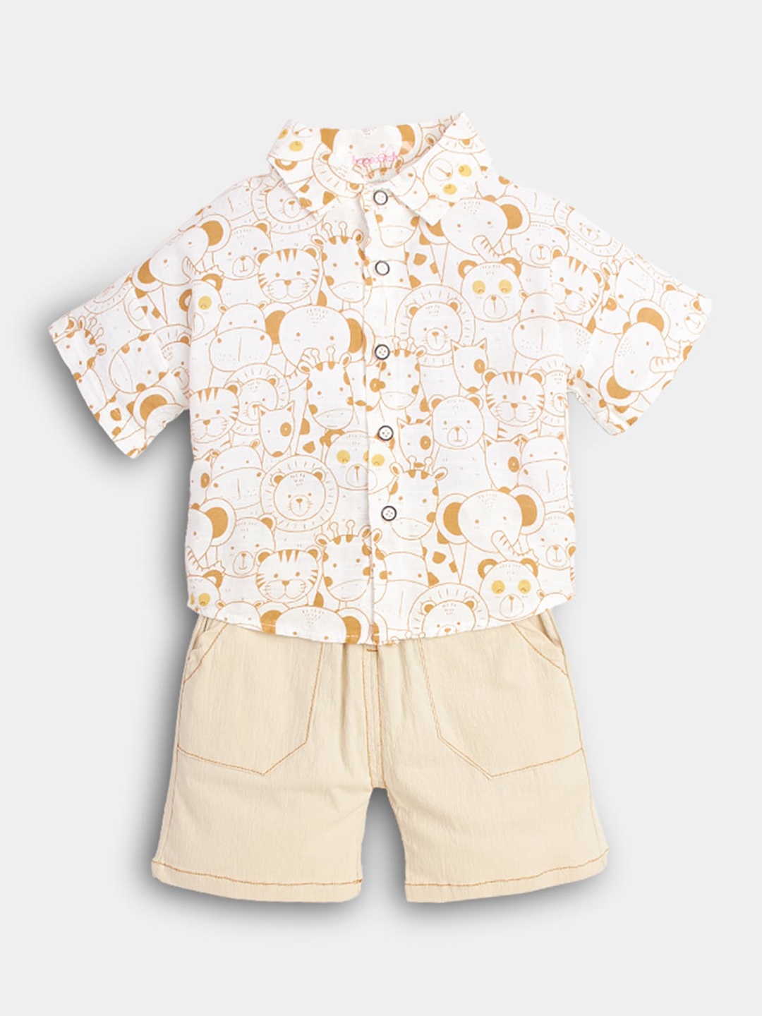

Hopscotch Boys White & Beige Printed Shirt with Shorts Set