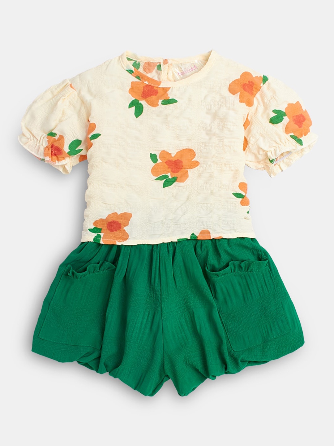 

Hopscotch Girls Green & Cream-Coloured Printed Top with Shorts
