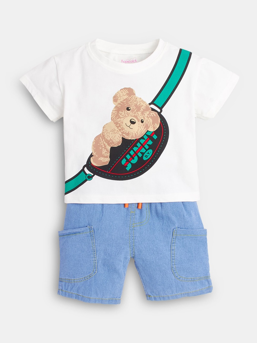 

Hopscotch Boys White & Green Printed T-shirt with Shorts
