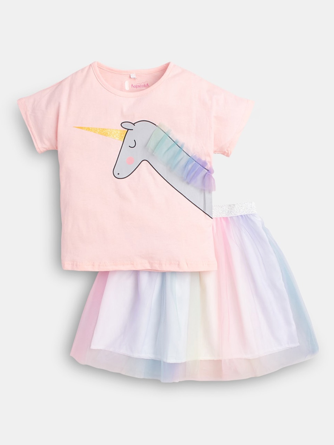 

Hopscotch Girls Pink & White Printed T-shirt with Skirt Set
