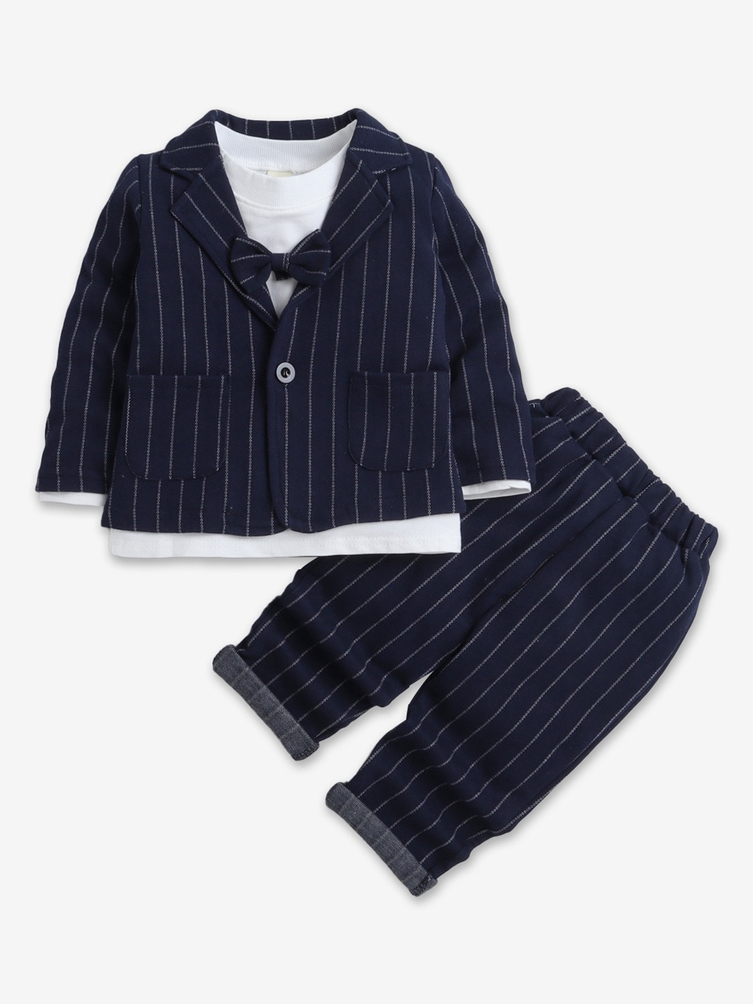 

Hopscotch Boys Navy Blue & White Striped T-shirt with Trouser & Blazer Set