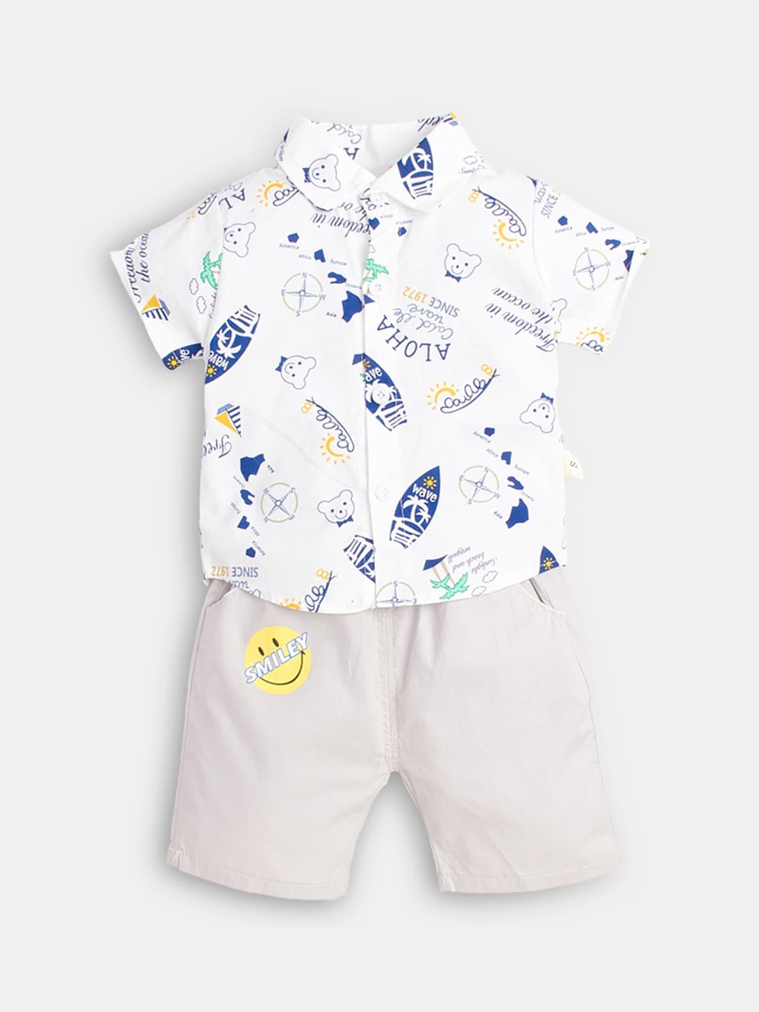 

Hopscotch Boys White & Blue Printed Shirt with Shorts