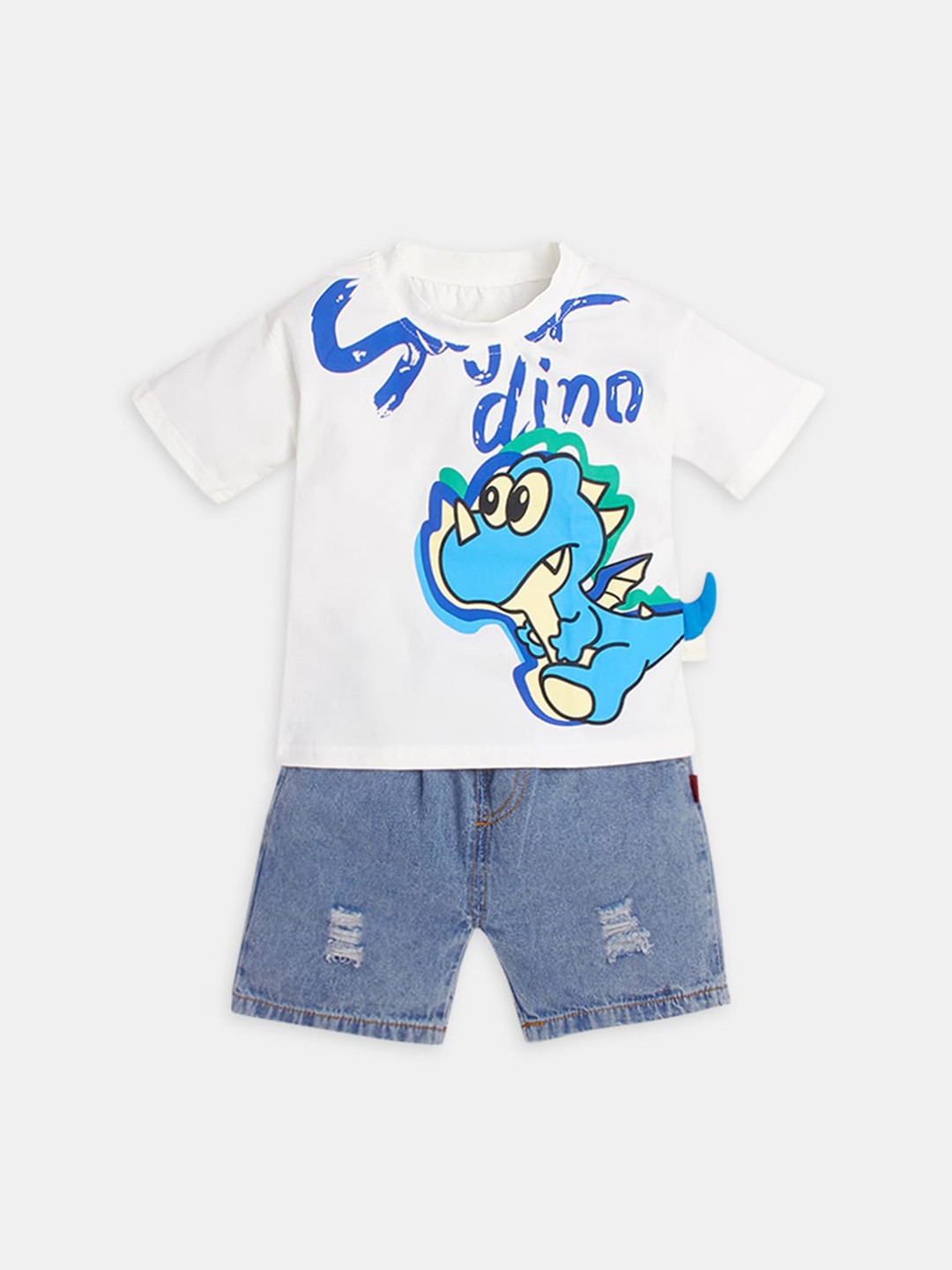 

Hopscotch Boys White & Blue Printed T-shirt with Shorts Set