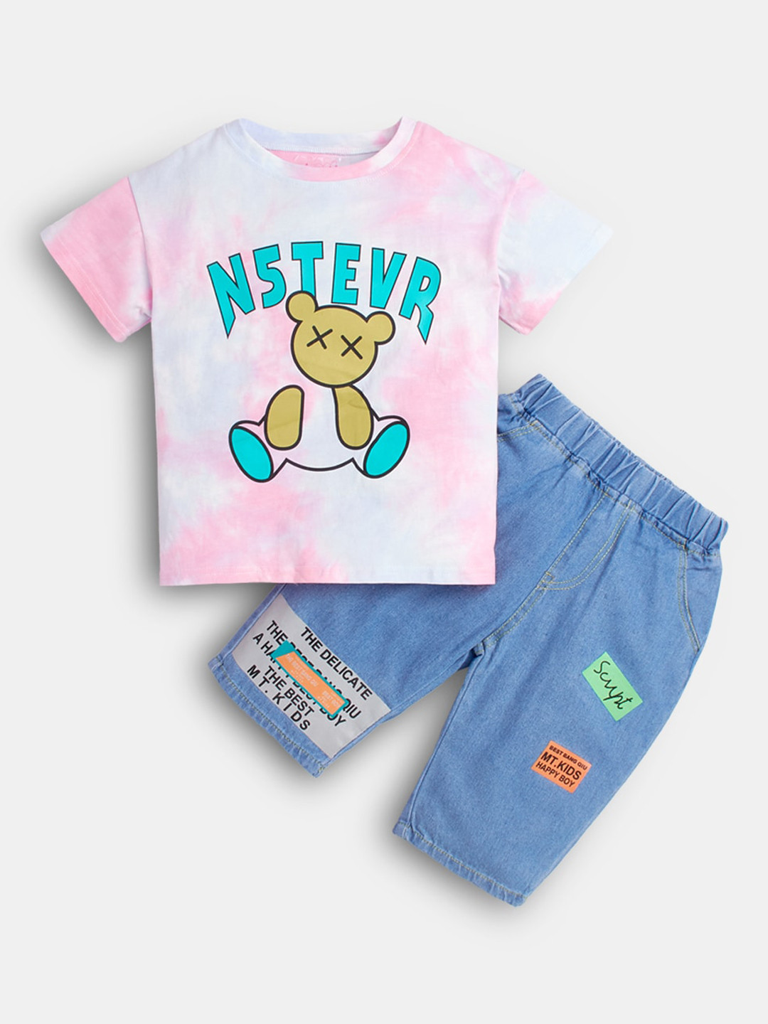 

Hopscotch Boys Pink & Blue Printed T-shirt with Shorts Set