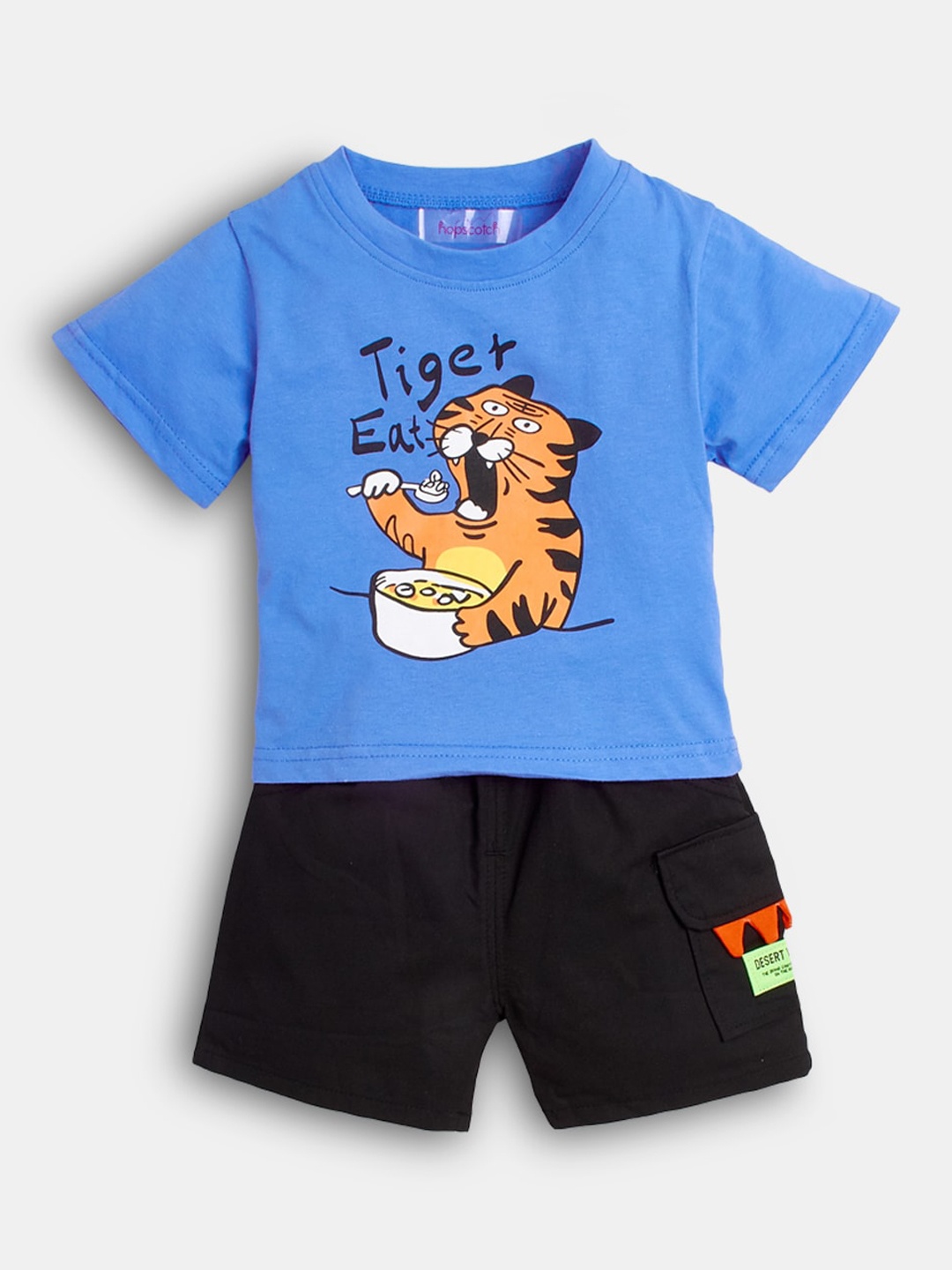 

Hopscotch Boys Blue & Black Printed T-shirt with Shorts