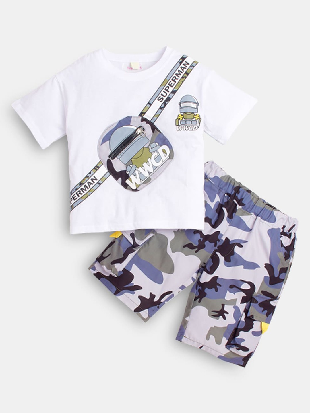

Hopscotch Boys White & Blue Printed T-shirt with Shorts
