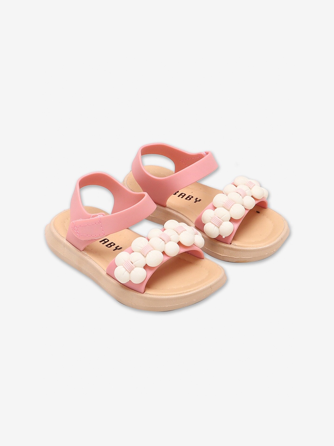 

Hopscotch Girls Peach-Coloured & Pink Open Toe Flats with Pom-Pom Detail