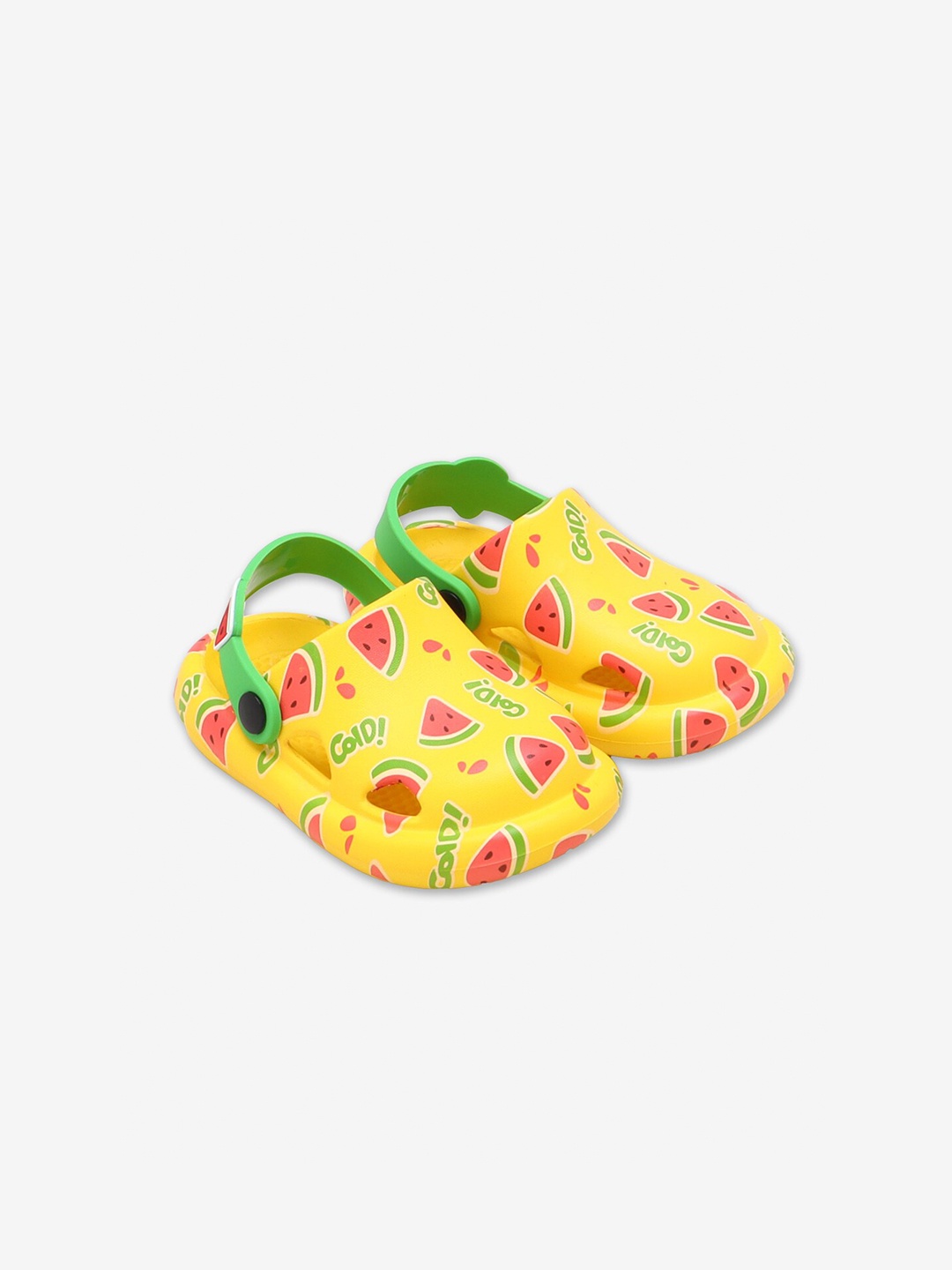 

Hopscotch Kids Fruit Print Yellow & Red PU Clogs Sandals