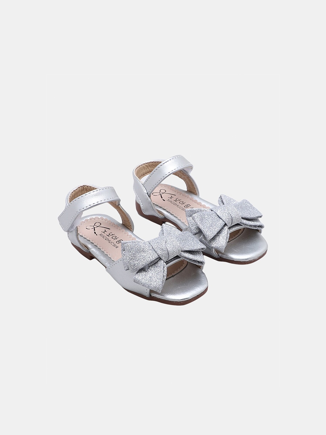 

Hopscotch Girls Silver-Toned Shimmery Open Toe Flats with Bows Applique