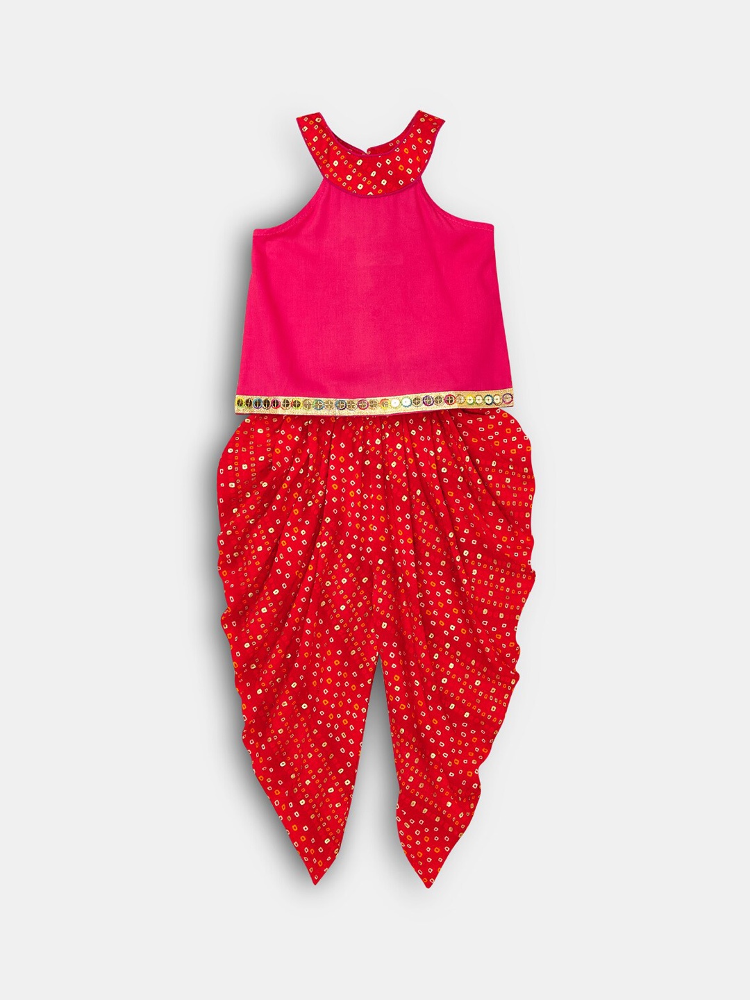 

Hopscotch Girls Magenta Bandhani Printed Pure Cotton Top with Dhoti Pants