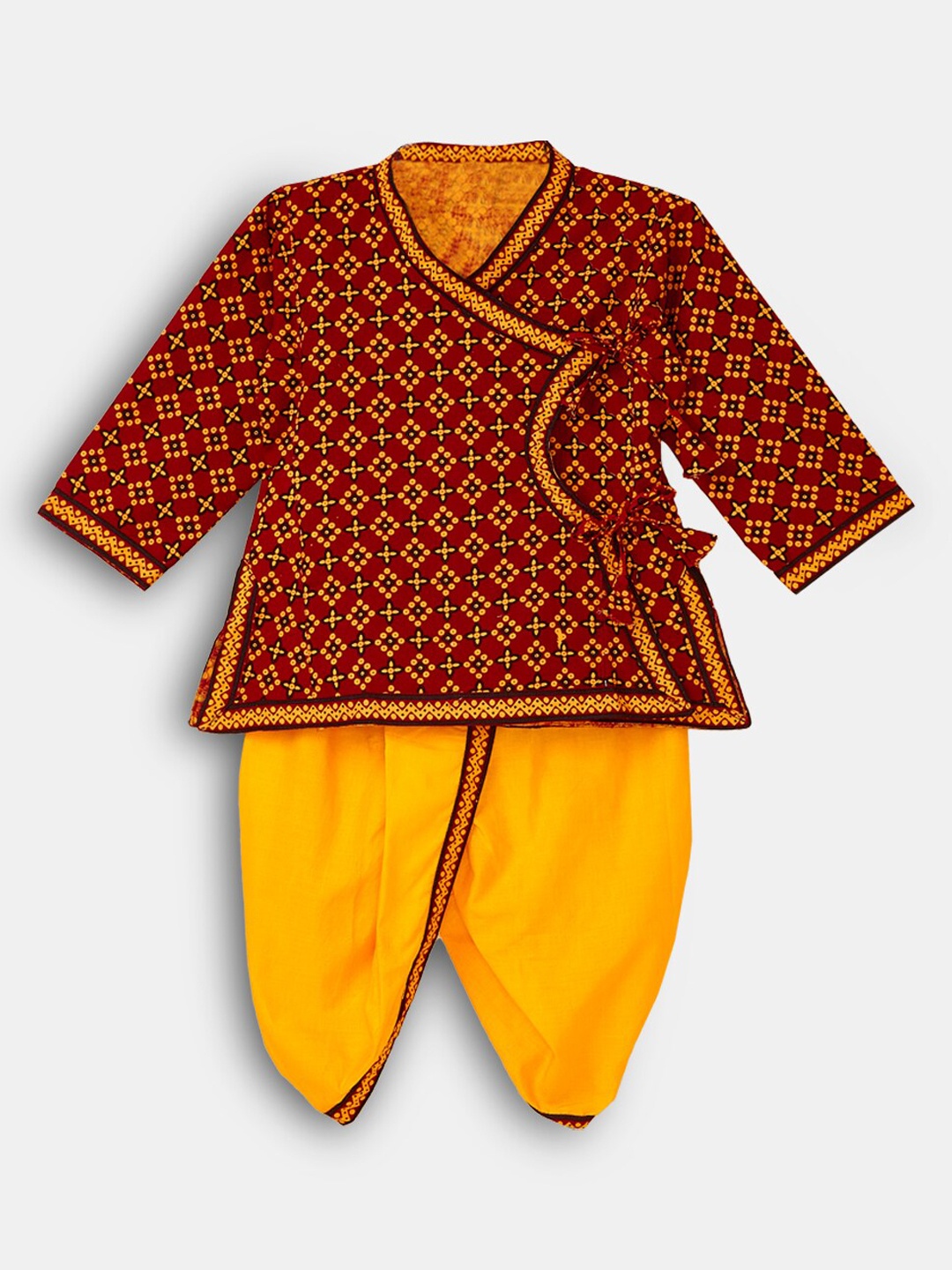 

Hopscotch Boys Floral Printed Angrakha Pure Cotton Kurta with Dhoti Pants, Red