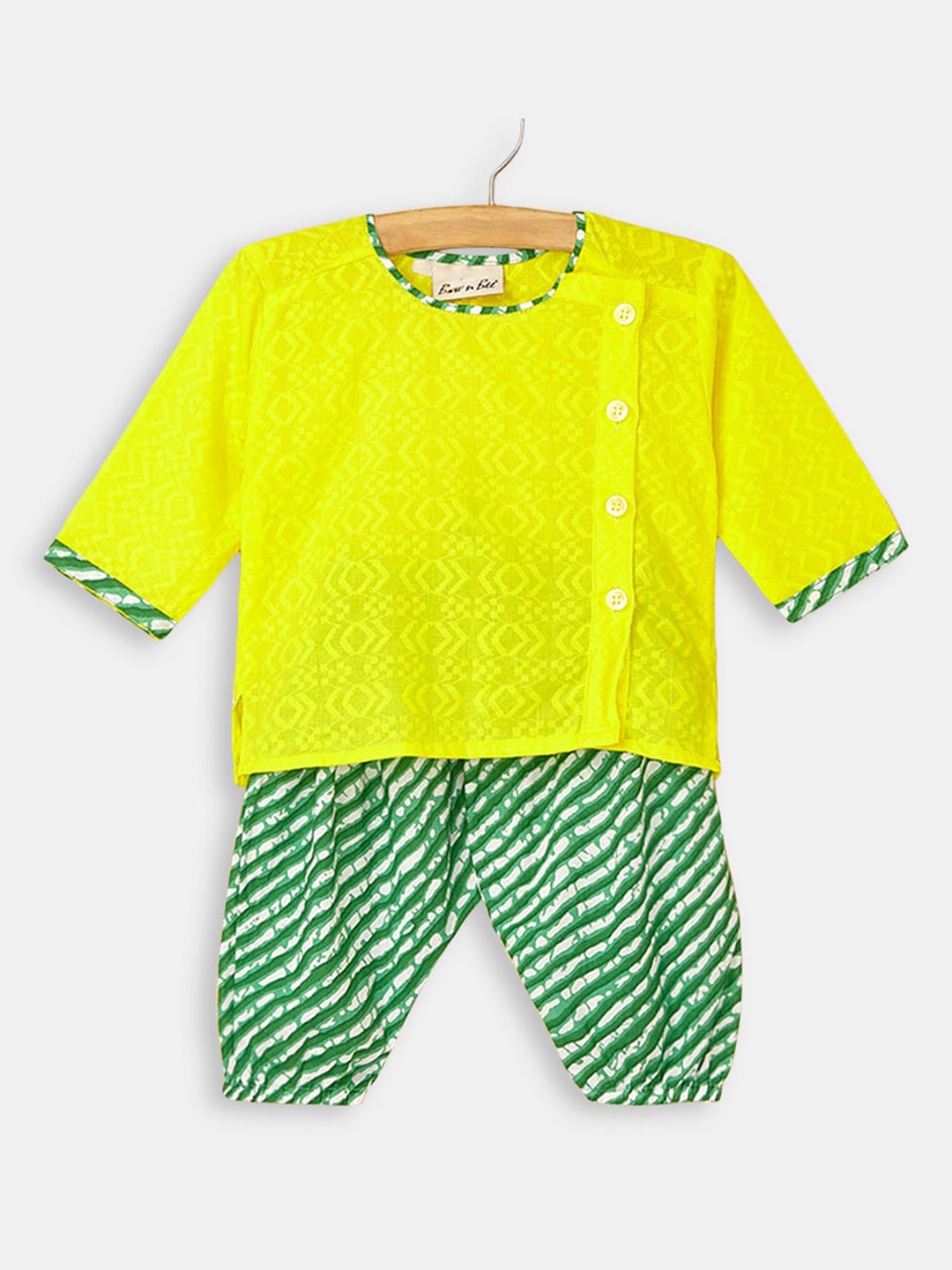 

Hopscotch Boys Leheriya Printed Angrakha Pure Cotton Kurta with Dhoti Pants, Yellow