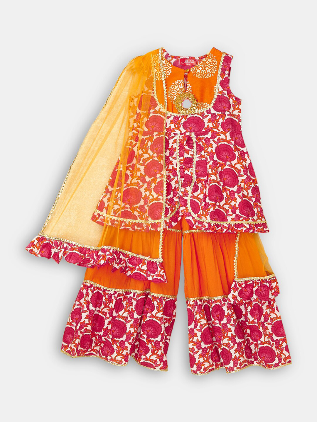 

Hopscotch Girls Floral Printed High Slit Pure Cotton Kurta with Palazzos & With Dupatta, Purple