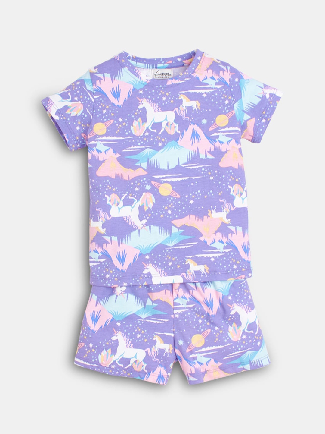 

Hopscotch Girls Purple & Blue Printed Pure Cotton Night suit