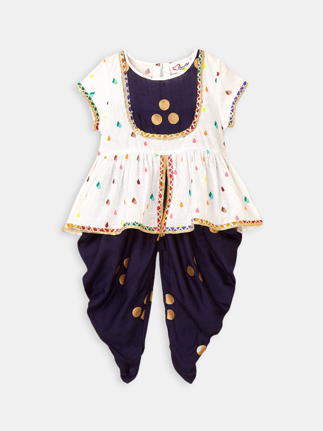 

Hopscotch Girls White Ethnic Motifs Embroidered Empire Pure Cotton Kurti with Dhoti Pants